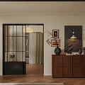 Elegant Modern Bedroom with White Wall Panels Chandelier Gold Artwork Nightstand Bed Bench and Curtains
