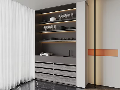 Modern Gray and White Sideboard Cabinet with Drawers Shelves Wine Glasses Plates Lighting Design 3d model