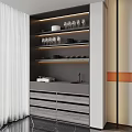 Modern Gray and White Sideboard Cabinet with Drawers Shelves Wine Glasses Plates Lighting Design