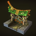 Cartoon Scene of Enchanted Entrance With Green Tiled Roof Wooden Arch Lanterns And Stone Base