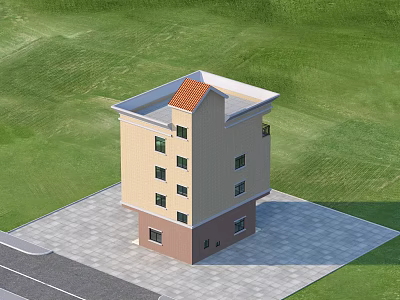 Multi Floor Building With Red Roof Brown Base And Beige Exterior On Green Grassland 3d model