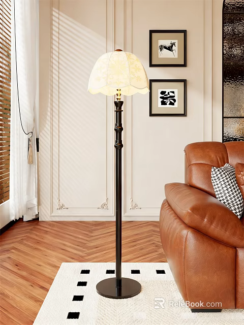 Classic Black Floor Lamp with White Patterned Shade in Living Room with Brown Sofa 3d model 