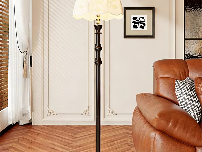 Classic Black Floor Lamp with White Patterned Shade in Living Room with Brown Sofa 3d model