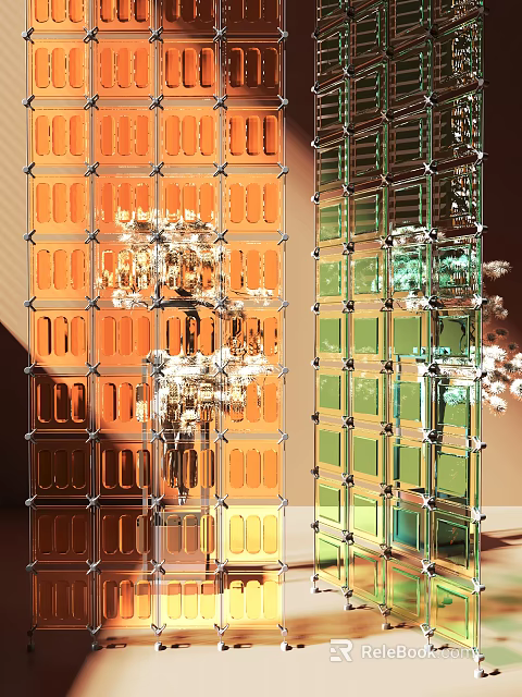 Colorful Glass Block Room Divider With Orange Green Panels And Chandelier Lighting 3d model 