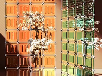 Colorful Glass Block Room Divider With Orange Green Panels And Chandelier Lighting 3d model