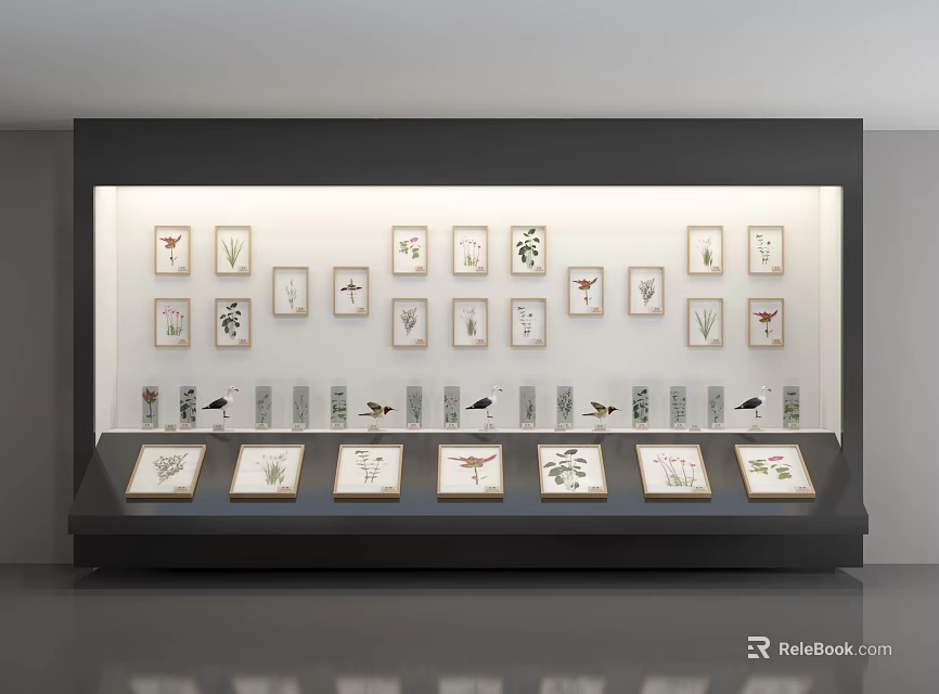 Elegant Decorative Display Cabinet With Multiple Framed Artworks In Layered Arrangement 3d model 