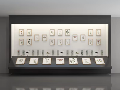 Elegant Decorative Display Cabinet With Multiple Framed Artworks In Layered Arrangement 3d model