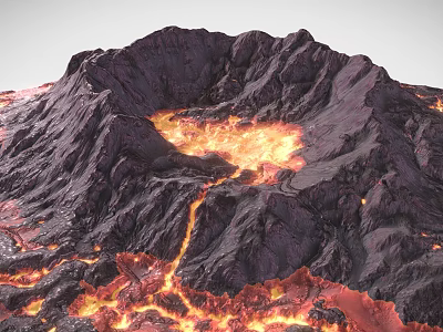 Active Volcano Erupting Landscape With Flowing Red Orange Lava On Mountain Slopes 3d model