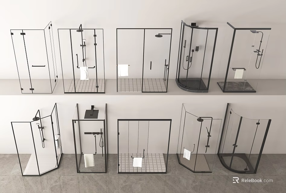 Various Modern Shower Head Designs With Glass Enclosures And Black Frames 3d model 