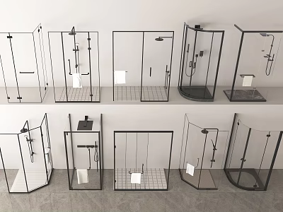 Various Modern Shower Head Designs With Glass Enclosures And Black Frames 3d model