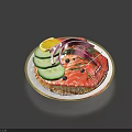 Fresh Salmon Dish with Cucumber Slices Red Onion Rings and Lemon Slice on Plate