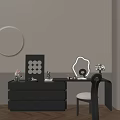 Black Modern Dressing Table with Round Mirror Geometric Art and Vase in Bedroom