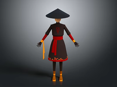 Traditional Asian Costume Character With Black Conical Hat Red Sash And Yellow Ribbon 3d model