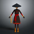 Traditional Asian Costume Character With Black Conical Hat Red Sash And Yellow Ribbon