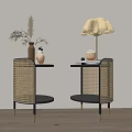 Pair of Rattan Side Tables With Gold Metal Frame And Table Lamp In Living Room Interior
