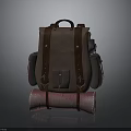 Vintage Brown Backpack With Rolled Pink Mat At The Bottom And Leather Straps