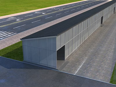 Metal Structure Parking Lot Building With Multiple Entrances And Grass Area 3d model