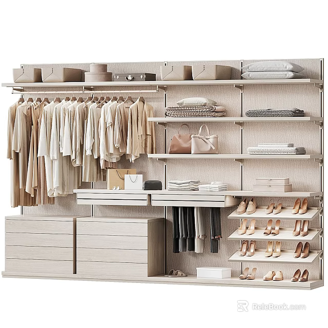 Organized Walk in Closet Interior With Hanging Clothes Storage Boxes Handbags Shoes And Drawers 3d model 