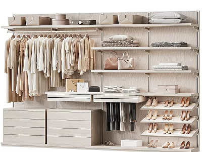 Organized Walk in Closet Interior With Hanging Clothes Storage Boxes Handbags Shoes And Drawers 3d model