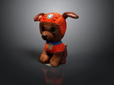 Soft Brown Plush Puppy Wearing Orange Outfit With Blue Badge And Cute Ears 3d model