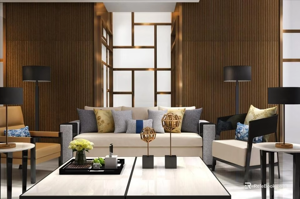 Elegant Modern Sofa Coffee Table Set With Decorative Pillows And Floor Lamps 3d model 