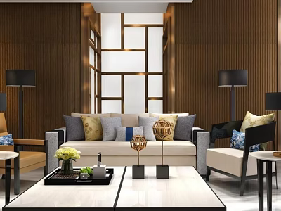 Elegant Modern Sofa Coffee Table Set With Decorative Pillows And Floor Lamps 3d model