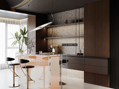 Modern Open Kitchen Design With Dark Cabinets Island Countertop And Bar Stools 3d model