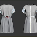 Light Gray Short Sleeve Dress With Floral Patterned Sleeves Front Buttons And Back Red Bow