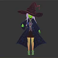 Witch Character in Black Robe with Large Hat Gray Hair White Shirt and Dark Skirt