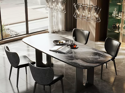Modern Dining Table Set with Marble Top Black Chairs Hanging Glass Chandelier and Window 3d model