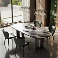 Modern Dining Table Set with Marble Top Black Chairs Hanging Glass Chandelier and Window