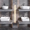 Modern Bathroom With Wall Mounted White Washbasins On Stone Shelves And LED Lighting