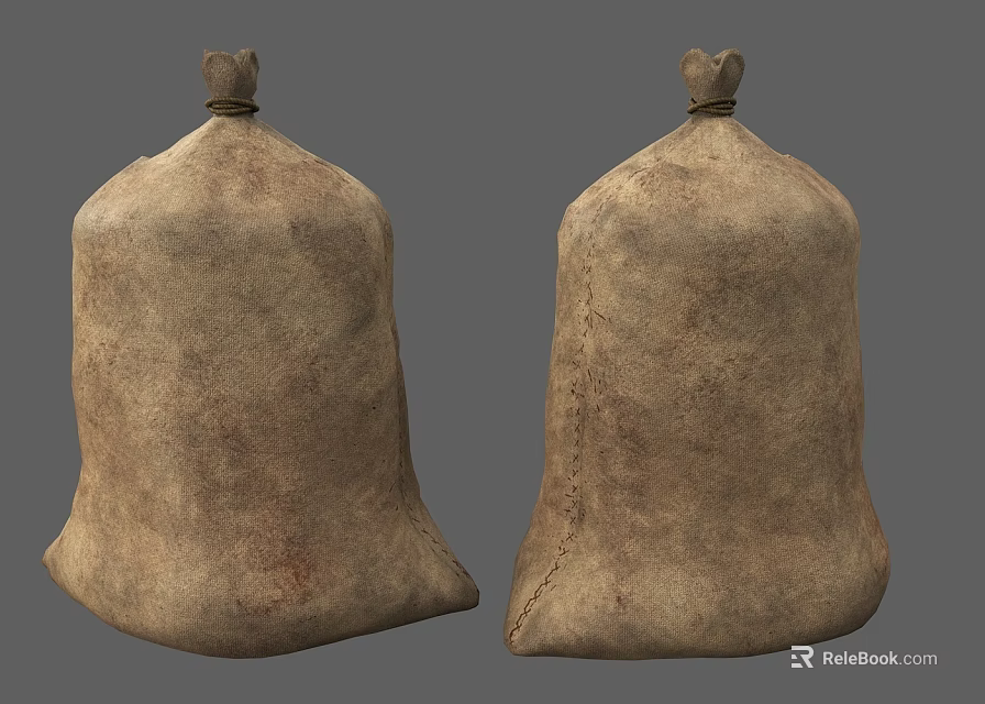 Two Brown Textured Burlap Sacks With Knotted Tops And Stitched Seams 3d model 