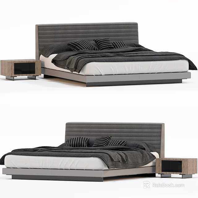 Double Bed With Gray Upholstered Headboard White Mattress Black Blanket And Wooden Nightstand 3d model 