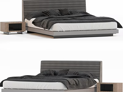 Double Bed With Gray Upholstered Headboard White Mattress Black Blanket And Wooden Nightstand 3d model