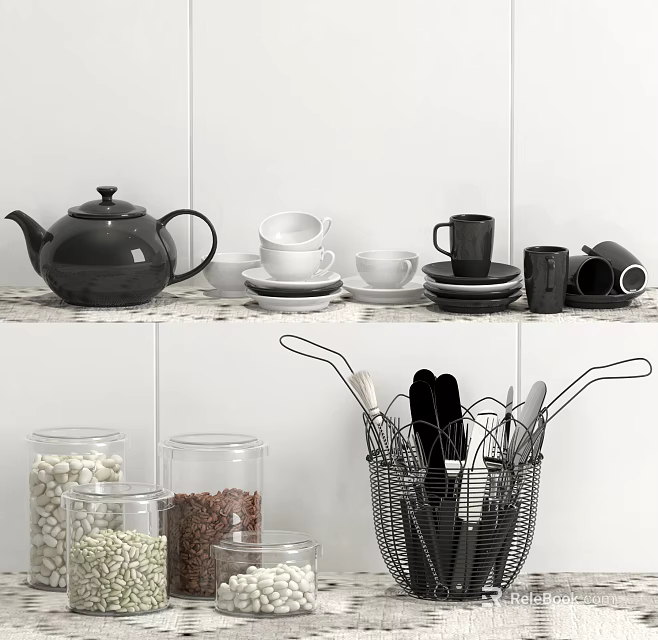 Tea Set Arranged With Black Teapot White Black Cups And Plates On White Tiled Shelf 3d model 