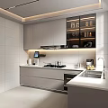 Modern Kitchen Interior With White Cabinets Glass Door Upper Cabinets Under Cabinet Lighting And Appliances