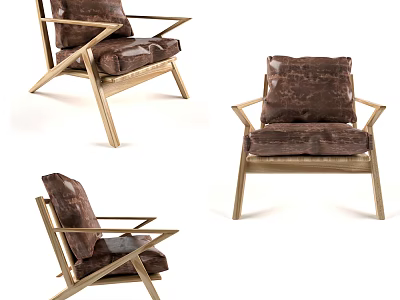 Elegant Modern Accent Chair With Wooden Frame Brown Cushion And Geometric Armrest Design 3d model
