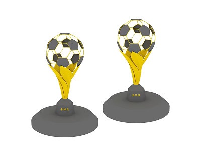 Golden Soccer Ball Shaped Trophies With FIFA Logo On Gray Base 3d model