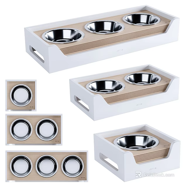 White Pet Food Bowl Tray With Stainless Steel Bowls And Wood Grain Design 3d model 