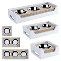 White Pet Food Bowl Tray With Stainless Steel Bowls And Wood Grain Design