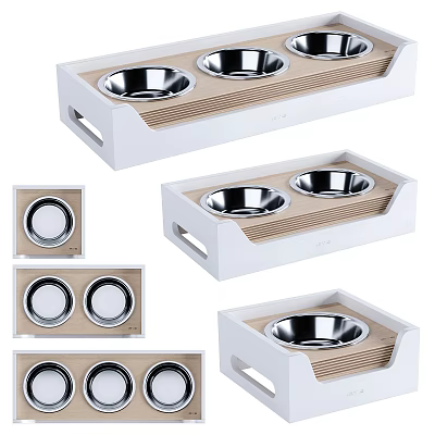 White Pet Food Bowl Tray With Stainless Steel Bowls And Wood Grain Design 3d model