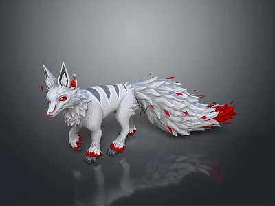 Game Movie Character White Fox With Multiple Tails Red Accents Gray Stripes And Red Eyes 3d model