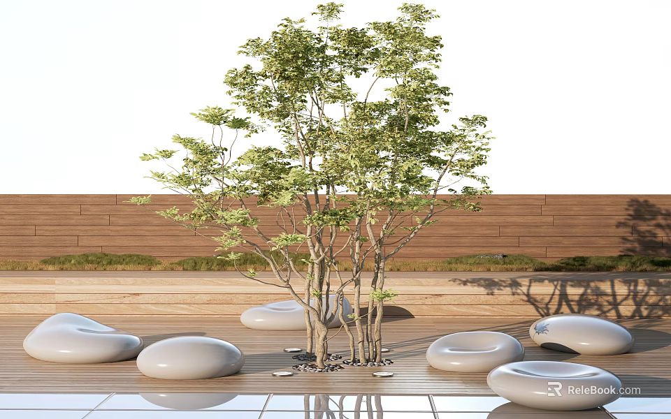 Outdoor Landscape Seats In Pebble Shape With Small Tree And Wooden Floor 3d model 