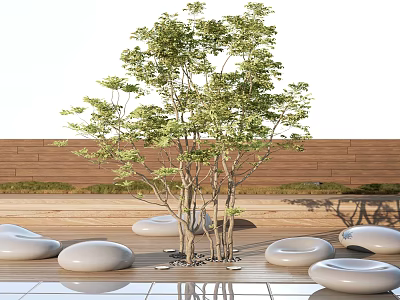 Outdoor Landscape Seats In Pebble Shape With Small Tree And Wooden Floor 3d model