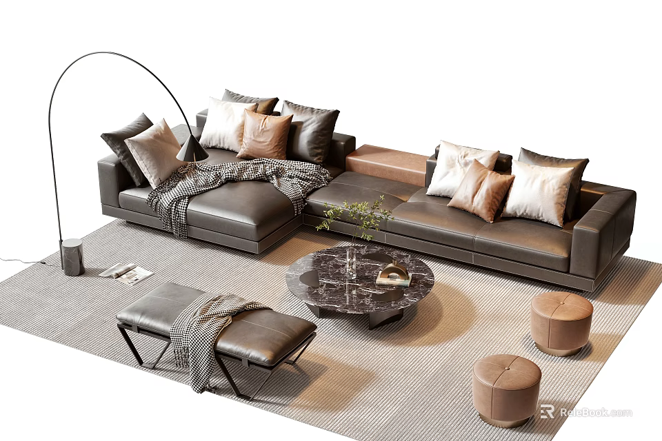 Modern L Shaped Sofa And Coffee Table Set With Marble Top Cushions And Throw Blanket 3d model 
