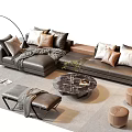 Modern L Shaped Sofa And Coffee Table Set With Marble Top Cushions And Throw Blanket