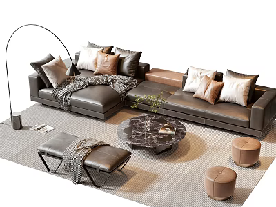 Modern L Shaped Sofa And Coffee Table Set With Marble Top Cushions And Throw Blanket 3d model