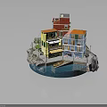Colorful Multi Story Buildings By Water With Balconies Awnings And Small Boat