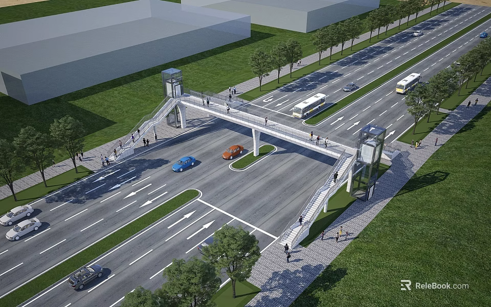 Urban Road Infrastructure With Pedestrian Overpass Vehicles Buses Pedestrians And Green Belts 3d model 